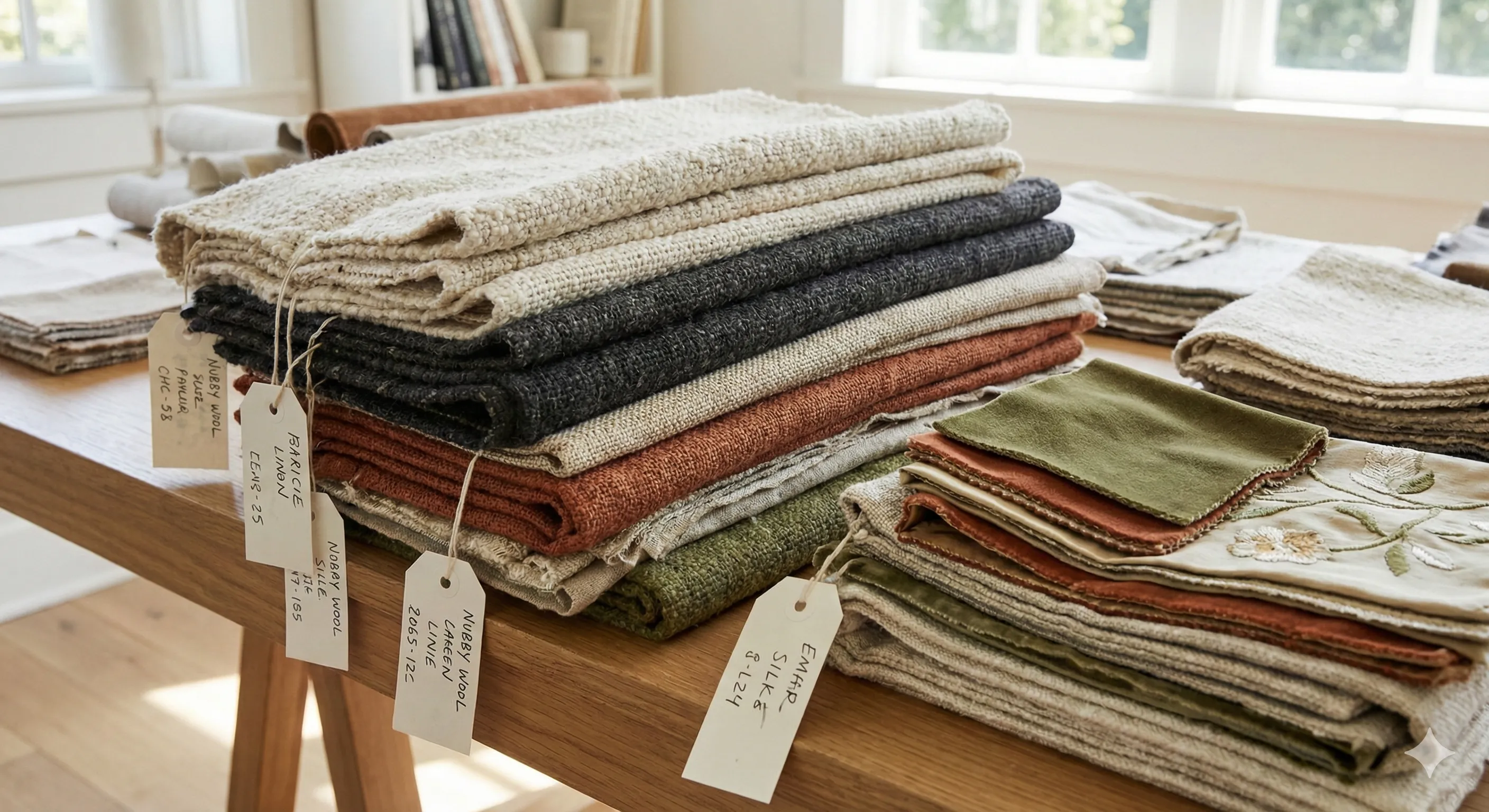 Layered textile samples showing various textures and weaves for interior selection